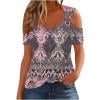 DeHolifer Women's T-Shirts V-Neck Hollow Out Floral Printed Breathable Short Sleeve Casual Loose Blouse T-Shirts Pink S