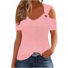 thumbnail image 1 of DeHolifer Women's T-Shirts V-Neck Hollow Out Solid Color Breathable Short Sleeve Casual Loose Blouse T-Shirts Pink S, 1 of 7