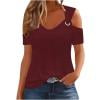 DeHolifer Women's T-Shirts V-Neck Hollow Out Solid Color Breathable Short Sleeve Casual Loose Blouse T-Shirts Wine L