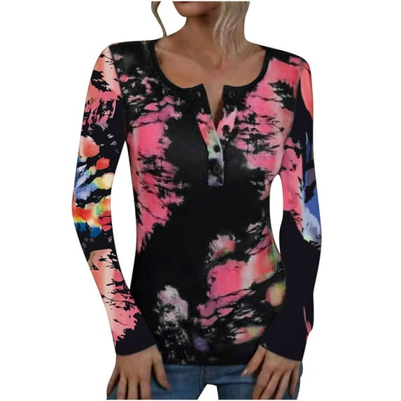 DeHolifer Women's T-shirts Tie Dye Half Button Long Sleeve Crewneck Tee T-shirts Casual Fashion Blouse Tops Pink 2XL