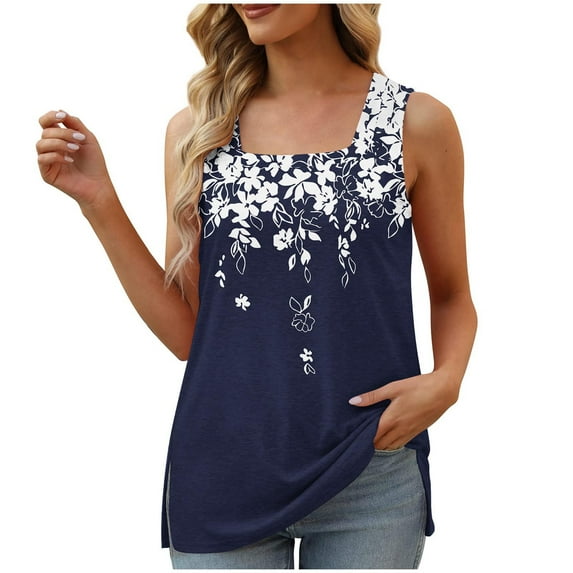 DeHolifer Women's Tank Top Sleeveless Square Neck Floral Print Loose Fit Casual Tank Top Summer Fashion Flowy Blouse Dark Blue XL