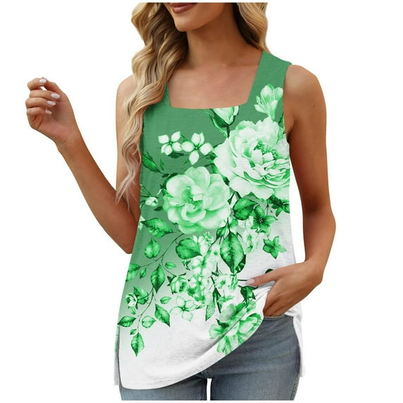 QQAMB Women's Tank Top Sleeveless Square Neck Floral Print Loose Fit Casual Tank Top Summer Fashion Flowy Blouse Green XL