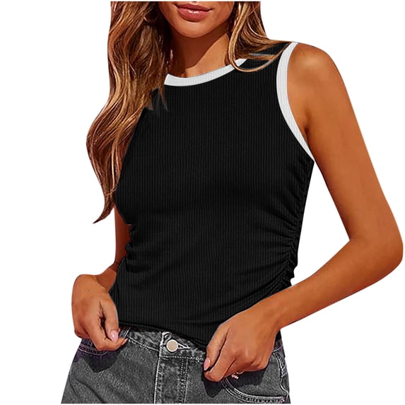 DeHolifer Women's Tank Top Summer Sleeveless Color Blocking Crewneck Vest Ribbed Knit Side Ruched Tunic Shirt Black S