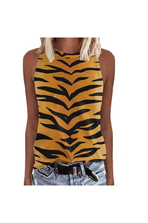 Women's Tank Tops Leopard Print Sleeveless Crewneck Tank Top Summer Loose Casual Blouse Gold L