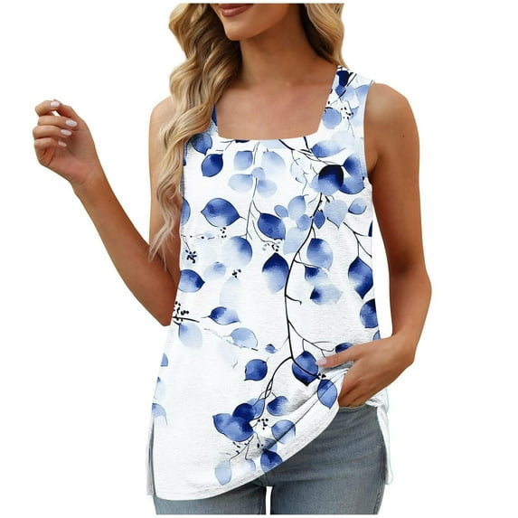 DeHolifer Women's Tank Tops Plus Size Square Neck Sleeveless Floral Printed Casual Loose Blouse Tops Light Blue M