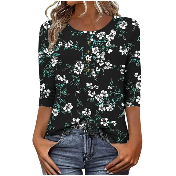 QQAMB Women's Tops 3/4 Sleeve Crewneck Button Floral Printed Summer Lightweight Trendy Casual Tee T-Shirts Black XL