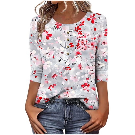 QQAMB Women's Tops 3/4 Sleeve Crewneck Button Floral Printed Summer Lightweight Trendy Casual Tee T-Shirts White XL