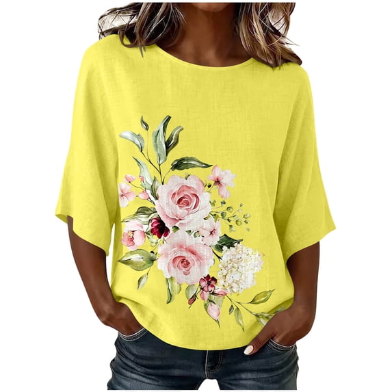 DeHolifer Women's Tops 3/4 Sleeve Floral Printed Crewneck Casual Loose Lightweight Tee T-Shirts Yellow L