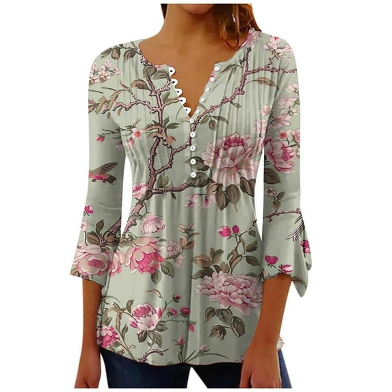 DeHolifer Women's Tops 3/4 Sleeve V-Neck Floral Print Button Loose Casual Tee Tops Fall Fashion Blouse Green S