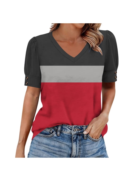 Women's Tops Casual Color Block Short Sleeve V-Neck T-Shirts Summer Casual Tees Tops Red S