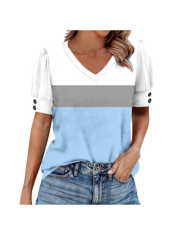 Women's Tops Casual Color Block Short Sleeve V-Neck T-Shirts Summer Casual Tees Tops Sky Blue M