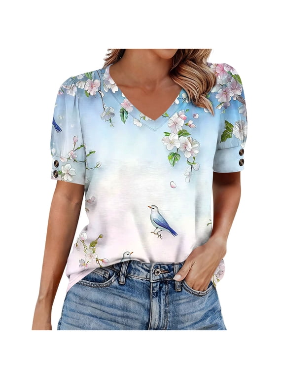 Women's Tops Casual Printed Short Sleeve V-Neck T-Shirts Summer Casual Tees Tops Navy XL