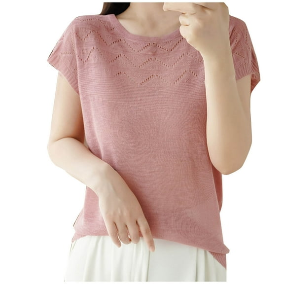 DeHolifer Women's Tops Casual Solid Color Knit Breathable Crewneck Short Sleeve Blouse T-Shirts with Pocket Pink XL