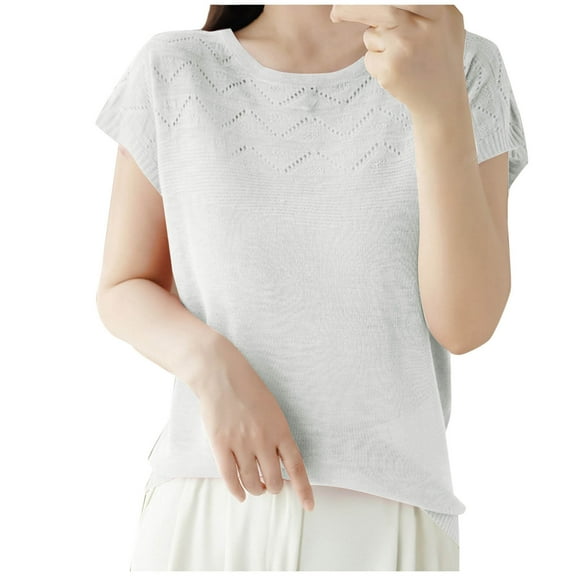 DeHolifer Women's Tops Casual Solid Color Knit Breathable Crewneck Short Sleeve Blouse T-Shirts with Pocket White XL