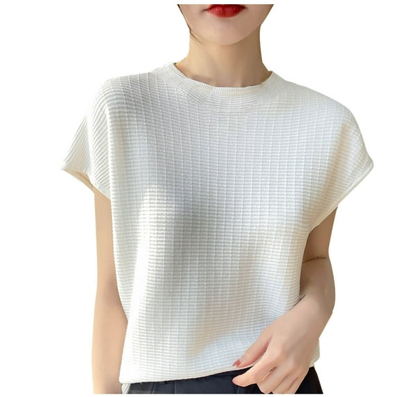 DeHolifer Women's Tops Casual Solid Color Knit Breathable Crewneck Short Sleeve Blouse T-Shirts with Pocket White XL
