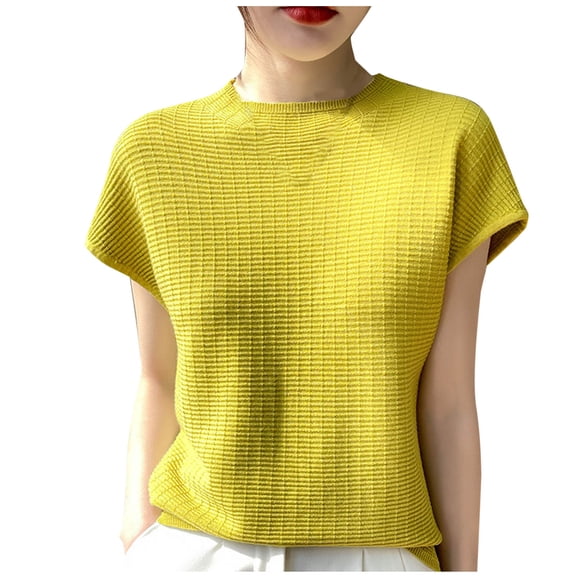 DeHolifer Women's Tops Casual Solid Color Knit Breathable Crewneck Short Sleeve Blouse T-Shirts with Pocket Yellow M