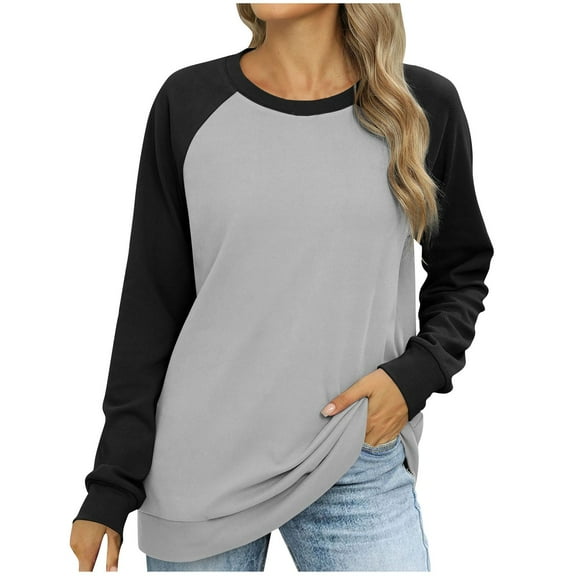 DeHolifer Women's Tops Crewneck Solid Color Long Sleeve Color Block Casual Loose T-Shirts Fall Winter Sweatshirt Black XL