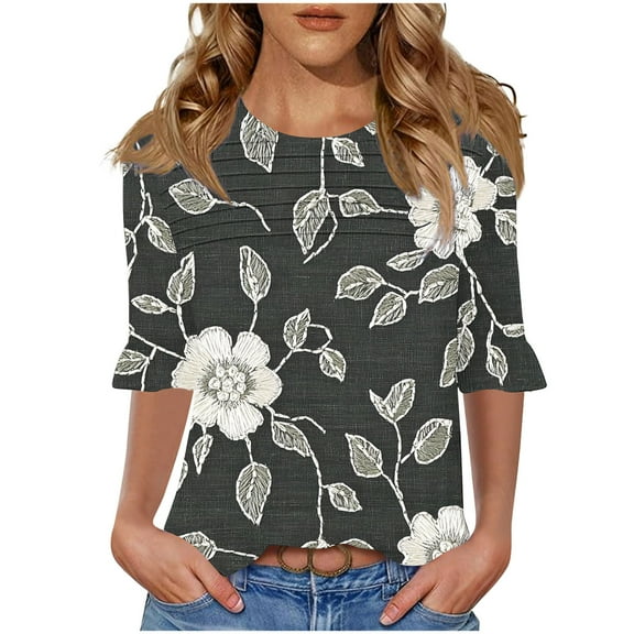 DeHolifer Women's Tops Half Sleeve Crewneck Floral Printed Casual Loose Tunic Tops Dressy T-Shirts Black S
