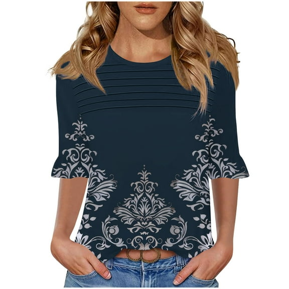 DeHolifer Women's Tops Half Sleeve Crewneck Floral Printed Casual Loose Tunic Tops Dressy T-Shirts Navy 3XL