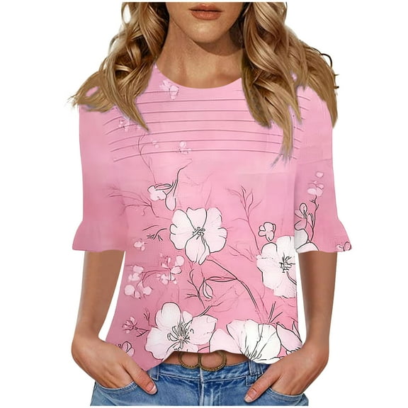 DeHolifer Women's Tops Half Sleeve Crewneck Floral Printed Casual Loose Tunic Tops Dressy T-Shirts Pink 2XL