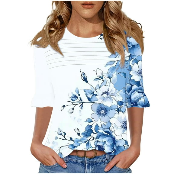 DeHolifer Women's Tops Half Sleeve Crewneck Floral Printed Casual Loose Tunic Tops Dressy T-Shirts Sky Blue 2XL