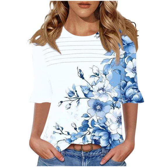DeHolifer Women's Tops Half Sleeve Crewneck Floral Printed Casual Loose Tunic Tops Dressy T-Shirts Sky Blue XL