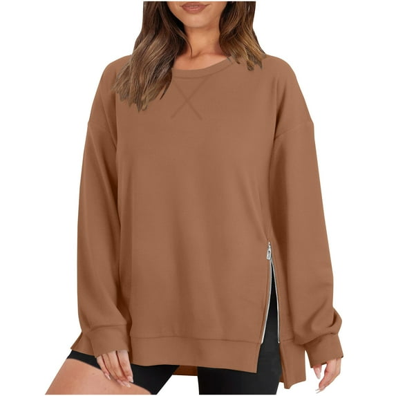 DeHolifer Women's Tops Long Sleeve Solid Round Neck Vent Split Zipper Pullover Tops Loose Casual Fall Blouse Coffee 2XL