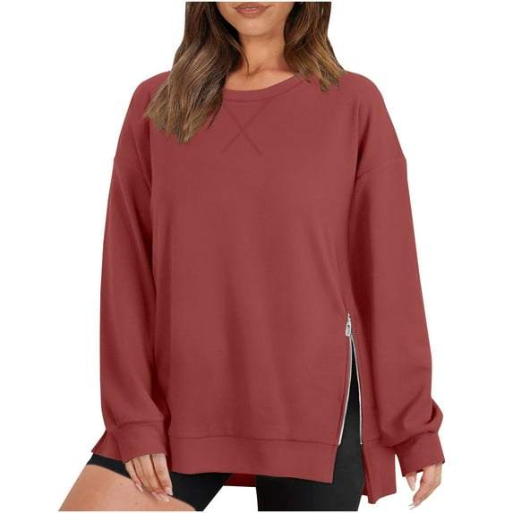 DeHolifer Women's Tops Long Sleeve Solid Round Neck Vent Split Zipper Pullover Tops Loose Casual Fall Blouse Wine L