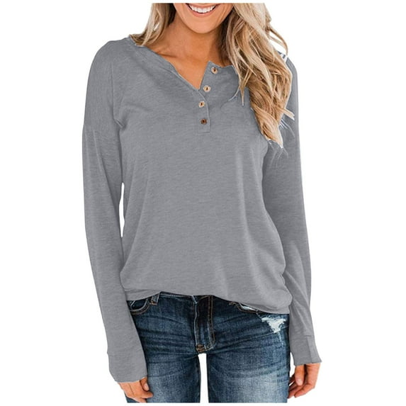 QQAMB Women's Tops Long Sleeve V Neck Button Henley Tops Solid Casual Loose Fall Blouse Gray L