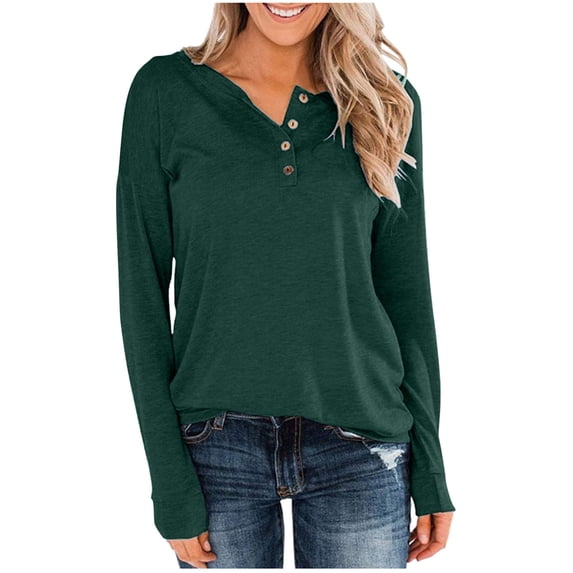 DeHolifer Women's Tops Long Sleeve V Neck Button Henley Tops Solid Casual Loose Fall Blouse Green 2XL