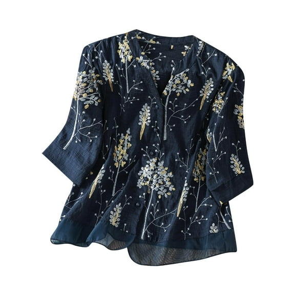 DeHolifer Women's Tops Plus Size Cotton Linen Embroidered Button Crewneck 3/4 Sleeve Casual Loose Shirts Tops Navy XL