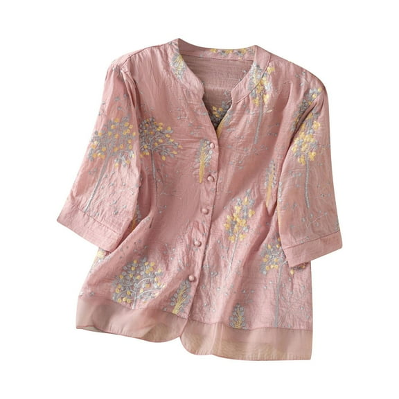 QQAMB Women's Tops Plus Size Cotton Linen Embroidered Button Crewneck 3/4 Sleeve Casual Loose Shirts Tops Pink 2XL