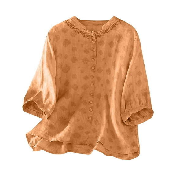 DeHolifer Women's Tops Plus Size Cotton Linen Embroidered Button Crewneck Short Sleeve Casual Loose Shirts Tops Orange XL