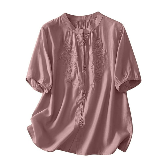 QQAMB Women's Tops Plus Size Cotton Linen Embroidered Button Crewneck Short Sleeve Casual Loose Shirts Tops Purple XL