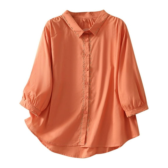 DeHolifer Women's Tops Plus Size Cotton Linen Embroidered Button Lapel Short Sleeve Casual Loose Shirts Tops Orange XL