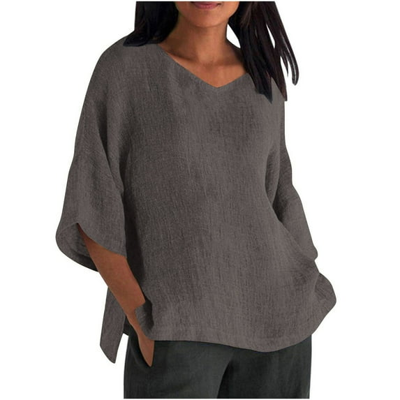 DeHolifer Women's Tops Plus Size Cotton Linen V-Neck 3/4 Sleeve Solid Color Casual Loose Blouse T-Shirts Dark Gray 4XL