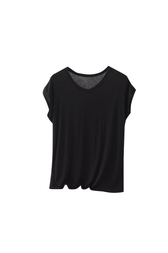 Women's Tops Plus Size Modal Casual Solid Color Short Sleeve V-Neck Lightweight Summer Blouse T-Shirts Black 2XL