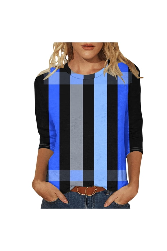 DeHolifer Women's Tops Plus Size Strip Printed Crewneck 3/4 Sleeve Lightweight Casual Summer Trendy Tee Tops Blue 2XL
