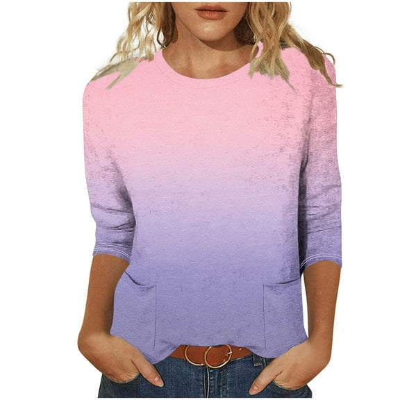 DeHolifer Women's Tops Summer Trendy 3/4 Sleeve Gradient Color Crewneck Lightweight Tee T-Shirts with Pocket Pink L