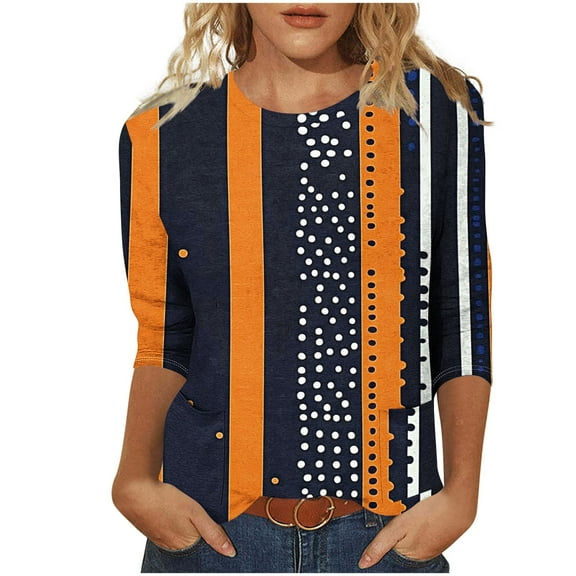 DeHolifer Women's Tops Summer Trendy 3/4 Sleeve Strip Printed Crewneck Lightweight Tee T-Shirts with Pocket Black XL