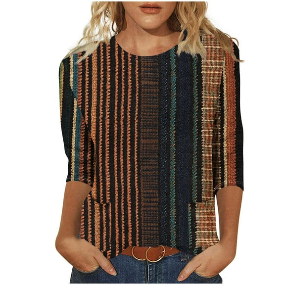 DeHolifer Women's Tops Summer Trendy 3/4 Sleeve Strip Printed Crewneck Lightweight Tee T-Shirts with Pocket Brown M