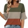 DeHolifer Women's Tops Suqare Neck Color Block Casual Loose Short Sleeve Blouse T-Shirts Summer Trendy Blouse Brown 2XL