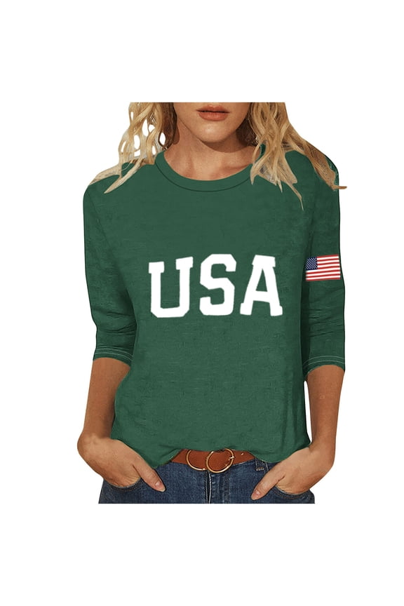 Women's Tops USA Flag Graphic 4th of July Crewneck Casual 3/4 Sleeve Lightweight Tee T-Shirts Army Green L