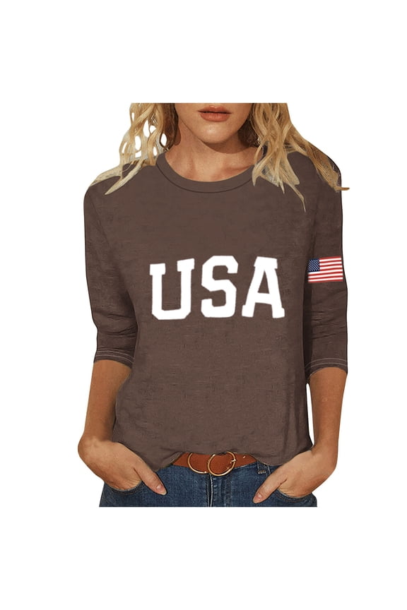 Women's Tops USA Flag Graphic 4th of July Crewneck Casual 3/4 Sleeve Lightweight Tee T-Shirts Brown 3XL