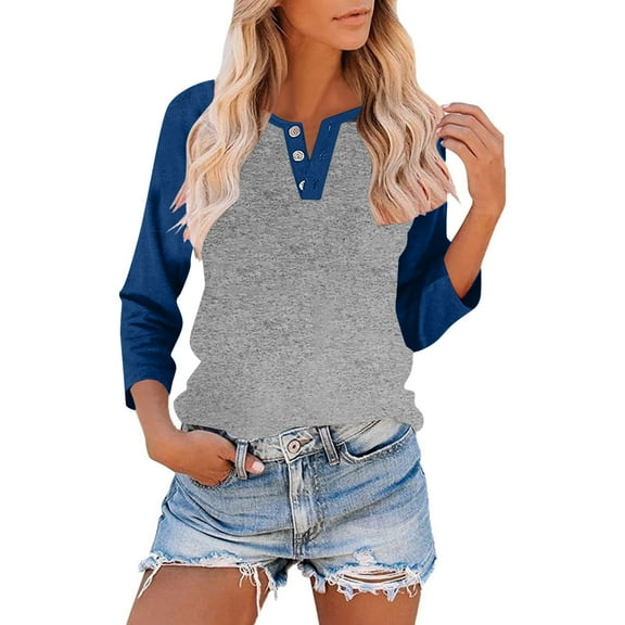 DeHolifer Women's Tops V-Neck Button Color Block 3/4 Sleeve Loose Comfy Tunic Tops Ladies Blouse Navy XL
