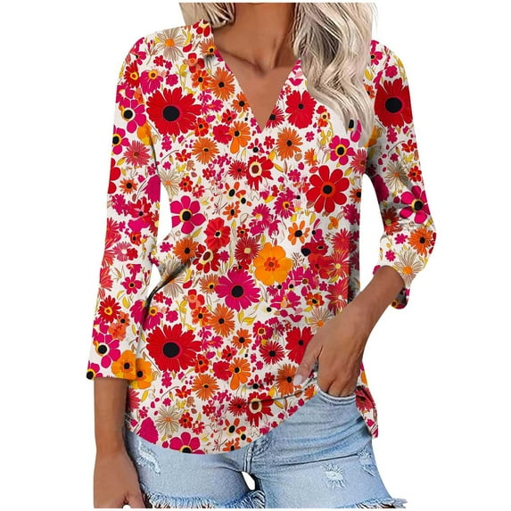 DeHolifer Women's Tops V-Neck Floral Printed 3/4 Sleeve Summer Casual Tee T-Shirts Elegant Dressy Blouse Hot Pink L