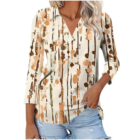 DeHolifer Women's Tops V-Neck Floral Printed 3/4 Sleeve Summer Casual Tee T-Shirts Elegant Dressy Blouse Khaki 2XL