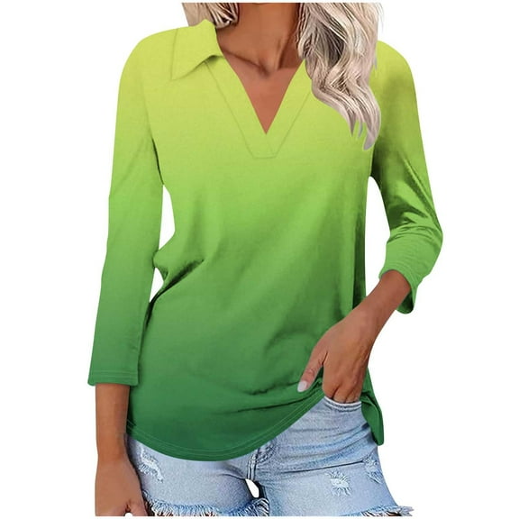 DeHolifer Women's Tops V-Neck Gradient Color 3/4 Sleeve Summer Casual Tee T-Shirts Elegant Dressy Blouse Green 2XL
