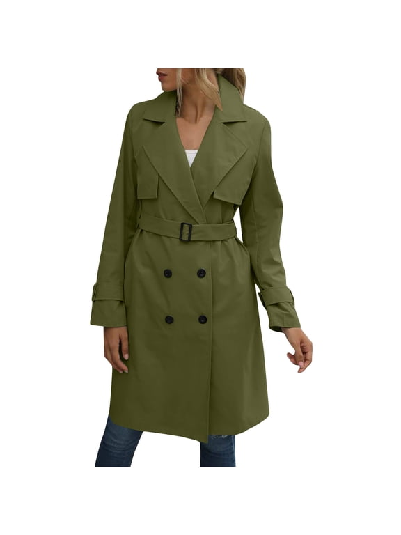 DeHolifer Women's Trench Coat Long Double-Breasted Fall Fashion 2023 Classic Lapel Slim Overcoat Outerwear with Belt Army Green XL