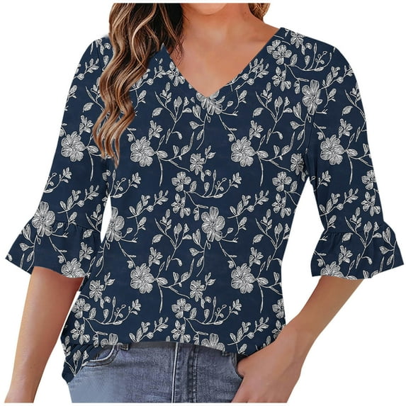 QQAMB Women's Tunic Tops V-Neck Floral Printed Half Sleeve Casual Loose Ruffle Blouse T-Shirts Blue S